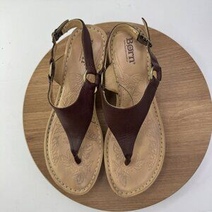 Born Womens Leather Sandals Size 7 / 38 T-Strap Brown Embossed Sole Adjustable B